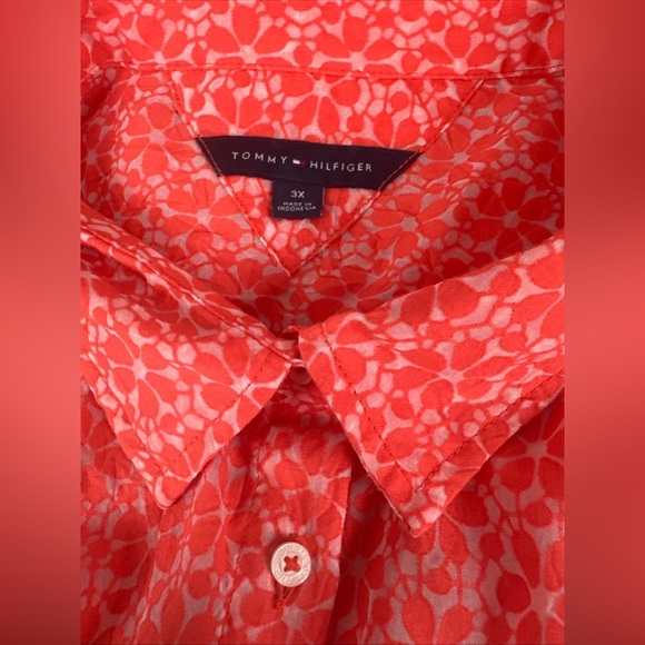 Tommy Hilfiger Sz 3X Women’s Orange Sheer Floral Blouse Top Button Down Roll Tab - Picture 5 of 12